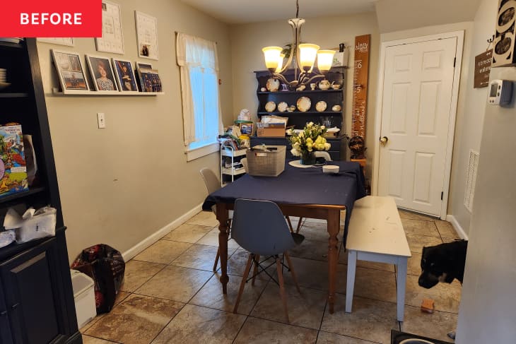 Before: A dining room with a box on the table and cart in the corner