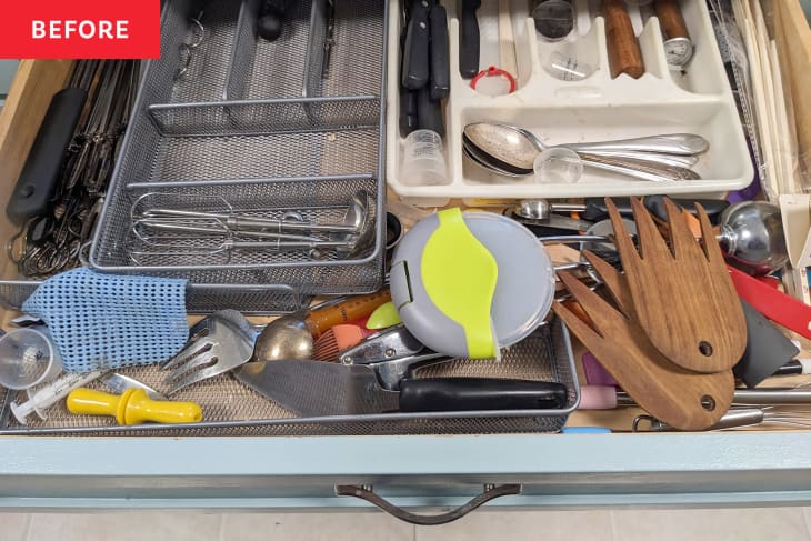 Left: kids' closet that's unorganized, slightly messy. Right: same closet after being decluttered and organized