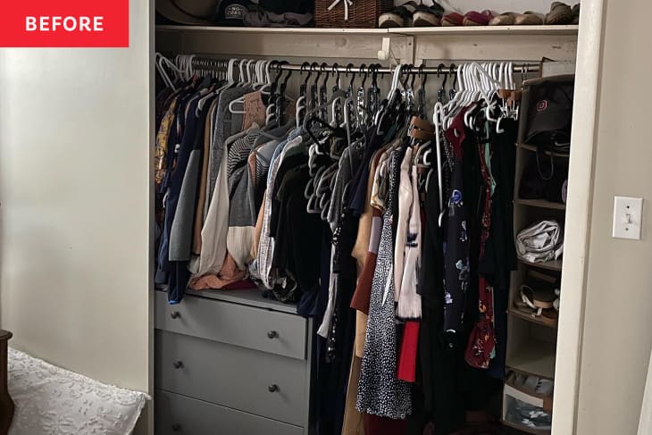 Disorganized closet before professional organizing.