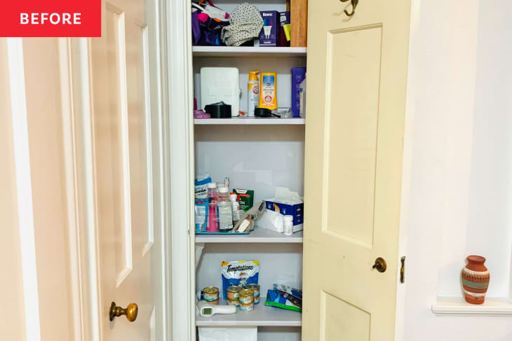 hallway closet before organizing: messy, unorganized items on shelves