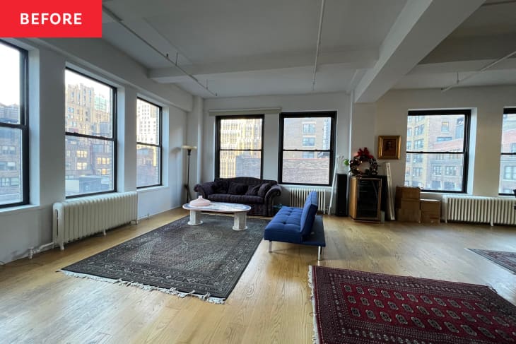 Living room of large loft apartment before staging redecoration.