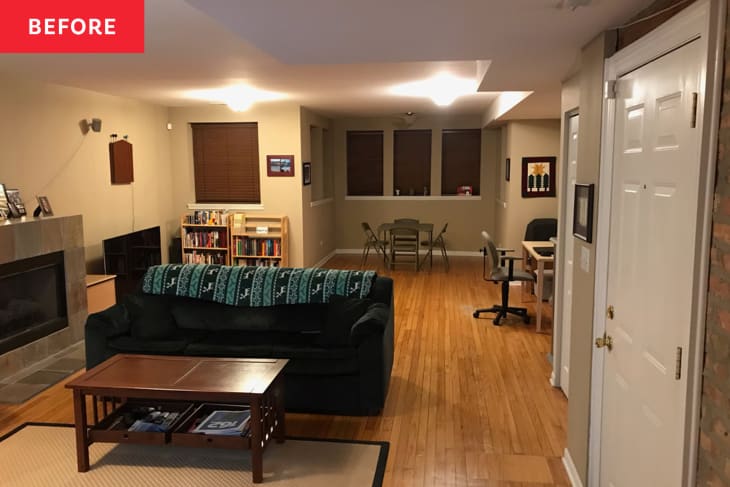 Green sofa in living room before renovating and expanding apartment.