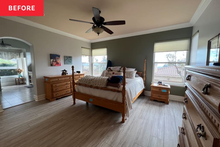 Green painted bedroom before staging renovation.