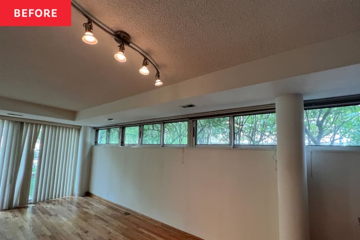 Empty room with wood floor, track lighting, vertical blinds, and narrow windows showing trees outside.