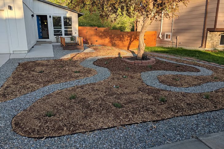 Mulched path in yard with grass ripped out.