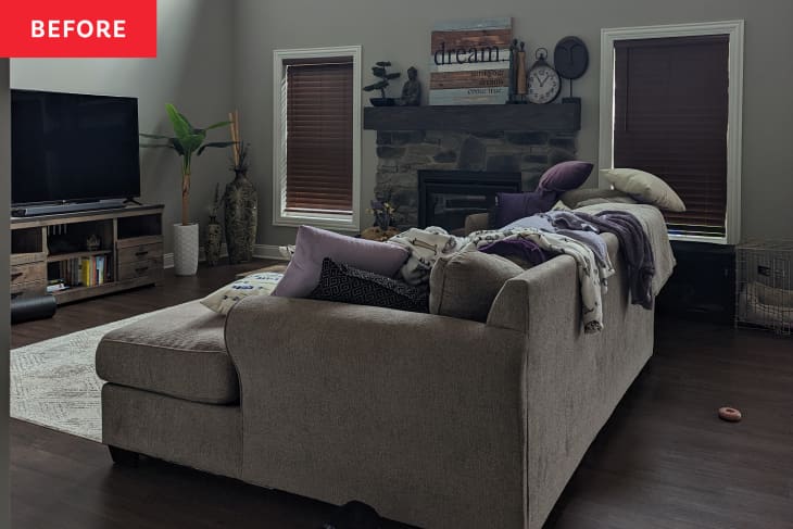 White living room with gray sofa before home staging