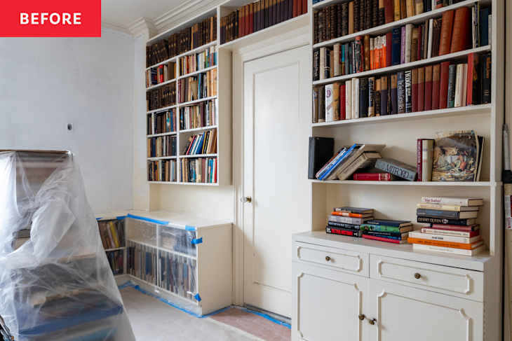 Books stored on built in bedroom shelves before remodel.
