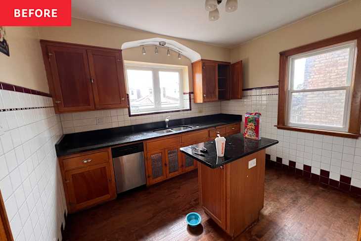 kitchen with wood cabinets and white and black tiling before renovation