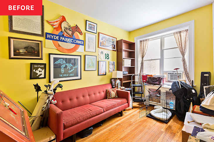 yellow cluttered living room before home staging