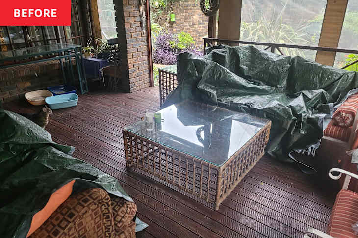 Tarps over furniture on enclosed porch before using the wait a year method.