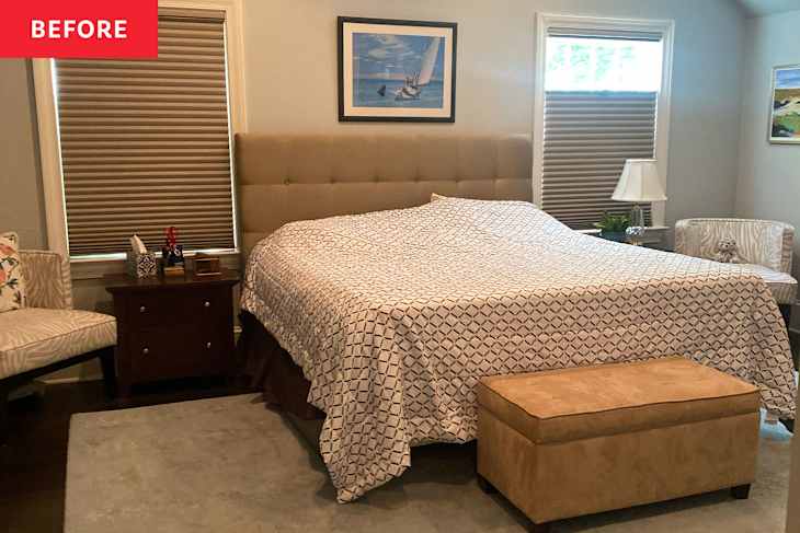 Upholstered headboard in bedroom before staging.