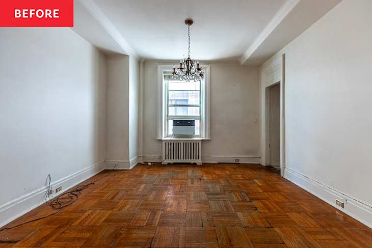 Empty room with hardwood flooring, a chandelier, and a window with an air conditioning unit.