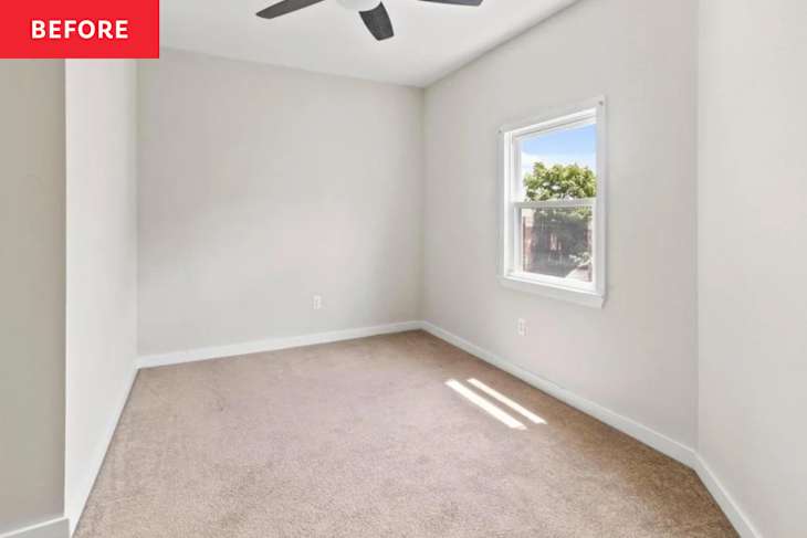 Empty room with beige carpet, light gray walls, a ceiling fan, and a window letting in natural light.