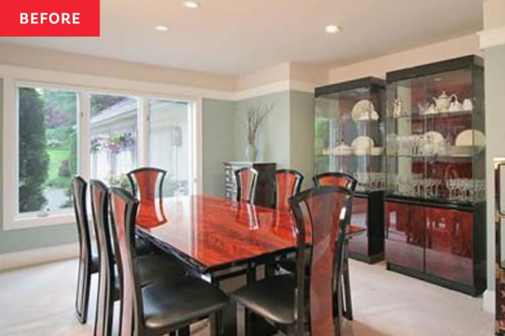 Dining room with rectangular wood table before re-decorating.