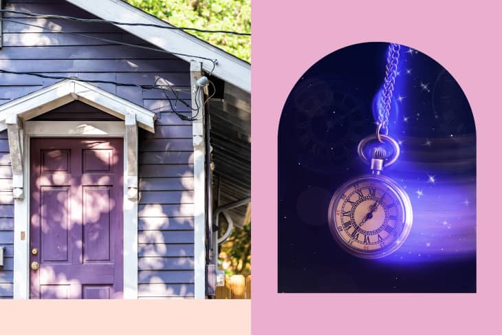 Left: New Orleans, USA Old street historic district in Louisiana famous town, city, purple painted house wall colorful entrance, building nobody  Right:  Vintage pocket watch with chain swinging over surface on dark background among faded clock faces, magic motion effect