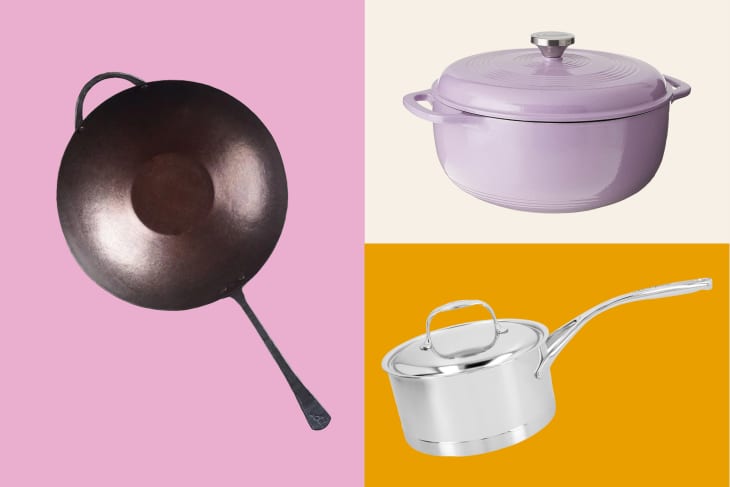Wok, dutch oven, and saucepan on graphic colored background