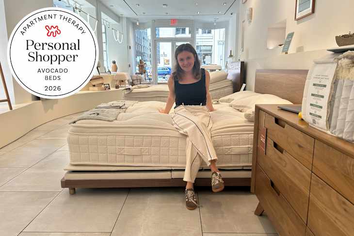Someone sitting on a bed in the Avocado store