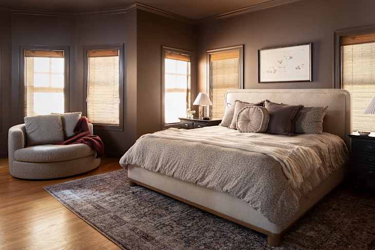 Cozy bedroom featuring a plush bed with layered bedding, a round chair with a throw, and natural light from window shades.
