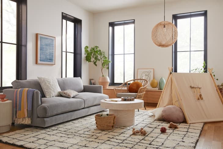 West Elm Kids promo shot of a living room with kids toys and products
