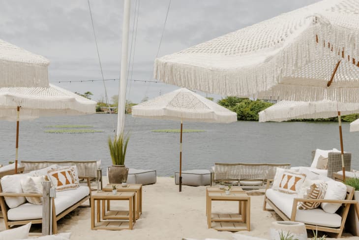 Sound in Montauk at The Surf Lodge framed by Macrame Umbrellas