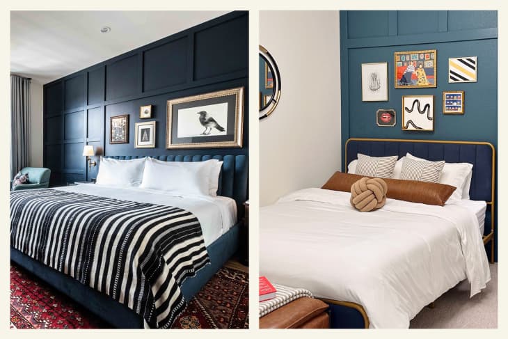 2 photos side by side. Left side: the inspiration, right side: the home inspired by it. Left: bedroom in the Ramble Hotel. Bed with quilted deep blue velvet headboard, navy blue wall behind with framed, art prints. Right side: guest room with blue accent wall with framed art prints behind bed, quilted velvet blue headboard