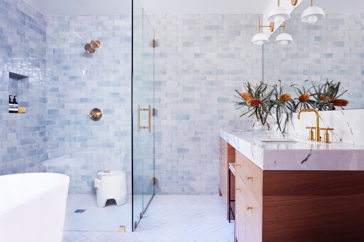 multicolor blue tile wet room bathroom