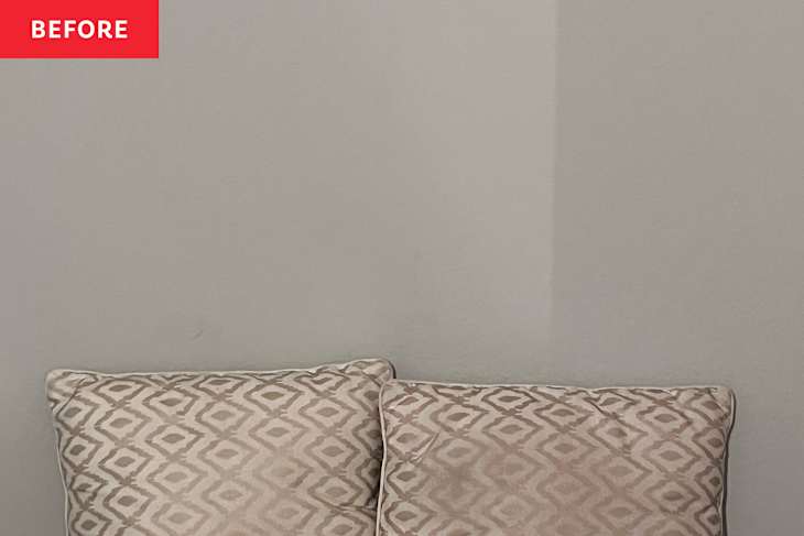 Pillows in front of grey painted wall before DIY rope art project.