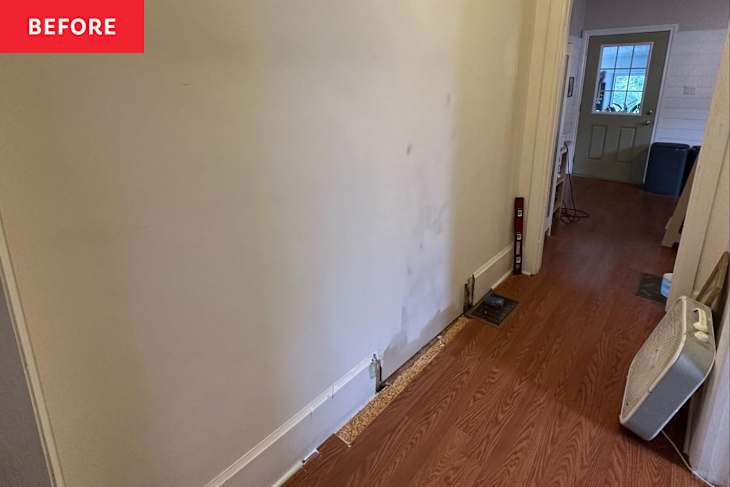 IKEA HEMNES Hack Transforms a Tiny Hallway into a Storage-Filled Space, before and after.