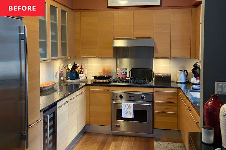 Modern kitchen with wooden cabinets, stainless steel appliances, a gas stove, and a dark countertop.