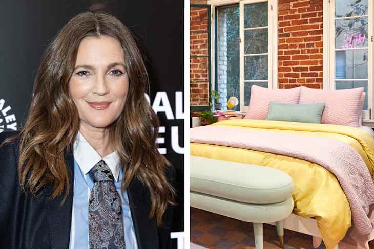 Diptych of Drew Barrymore and pastel bedroom with bench.