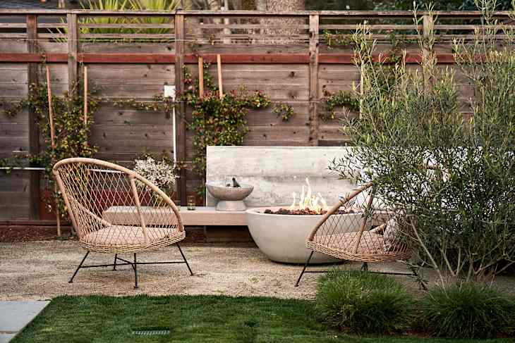Concrete firepit in backyard.
