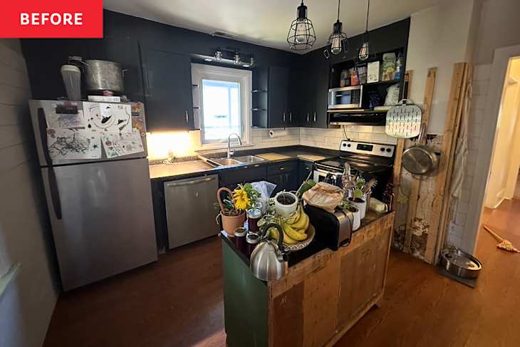 Cluttered kitchen with dark cabinets, stainless steel appliances, and a wooden island filled with plants and kitchen items.
