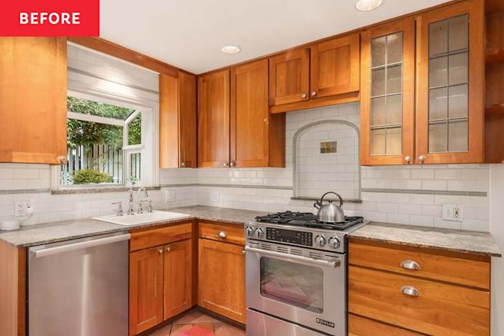 Kitchen with wooden cabinets, stainless steel dishwasher, gas stove, and white subway tile backsplash.