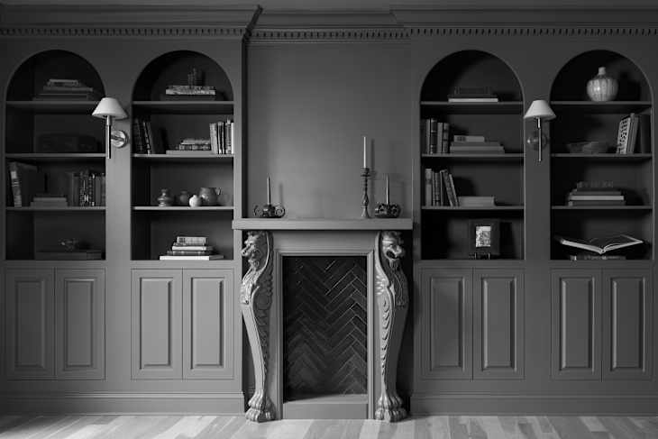 Black and white photo of a color drenched living room