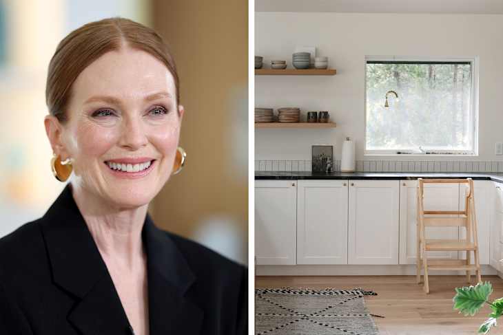 Left: photo of Julianne Moore smiling, Right: Minimal white kitchen with pale neutral accents