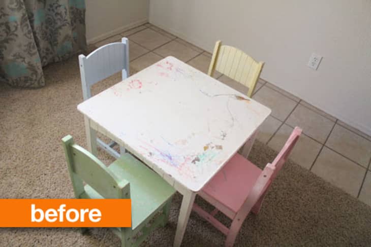 Painted childrens table and shop chairs