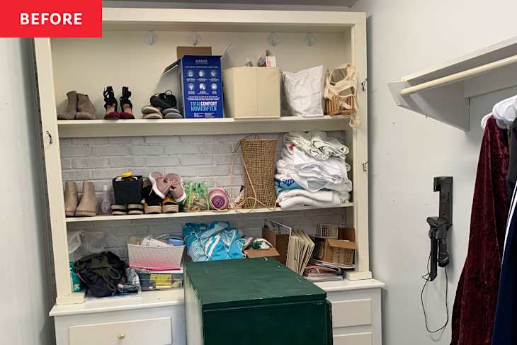 Cluttered closet with shelves holding shoes, a humidifier, and various items, plus a green storage box below.