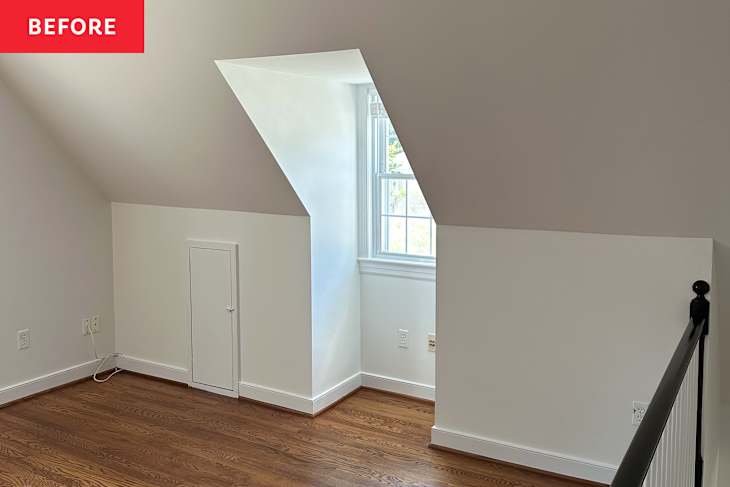 A small, sloped attic room with hardwood floors, a window, and a closet door.