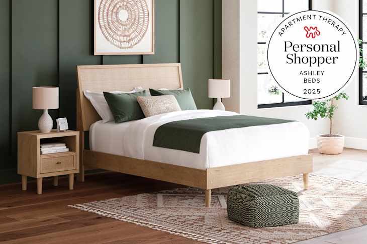Bedroom with the Ashley Cielden Panel Bed and seal in upper right that reads "Apartment Therapy Personal Shopper: Ashley Beds 2025"