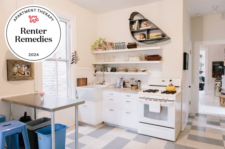 Renter Remedies badge on top of grey and white kitchen.