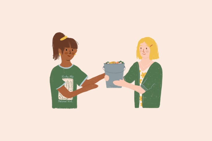 illustration of woman handing compost bin to another woman