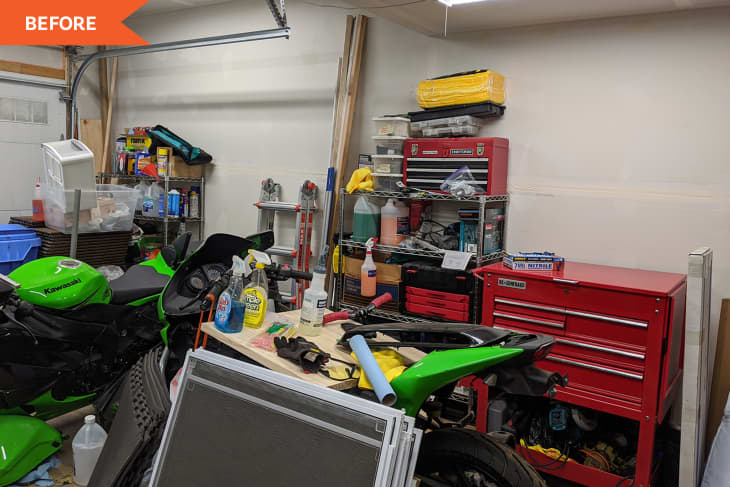 A messy and cluttered garage filled with hardware, cleaning supplies, plastic bins, and more