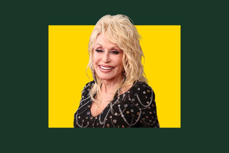 Headshot of Dolly Parton on a colorful background