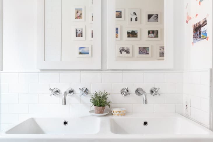 Double bathroom sink with chrome faucets, white subway tiles, small potted plant, and framed photos on the wall.