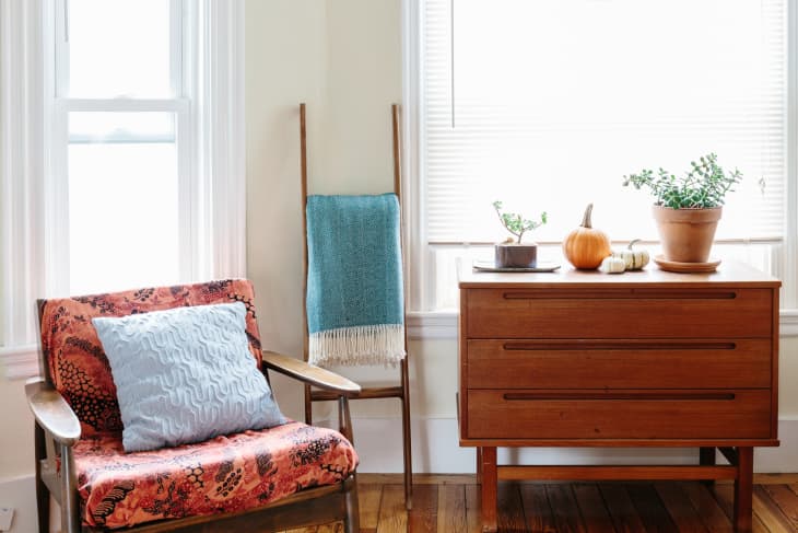 Mid-century modern chair with floral cushion, blue pillow, wooden dresser, potted plants, and a pumpkin by a window.