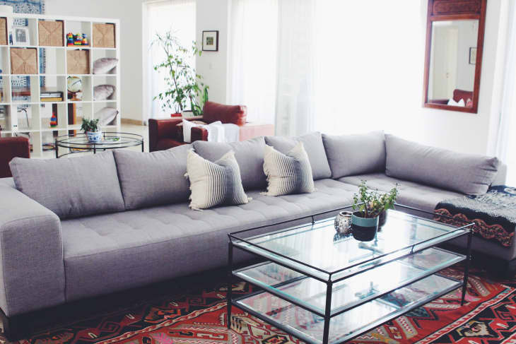 Gray sectional sofa with striped pillows, glass coffee table, and red patterned rug in a bright living room with plants.