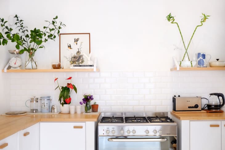 Modern kitchen with wooden countertops, white cabinets, plants, a toaster, kettle, and framed art on shelves.