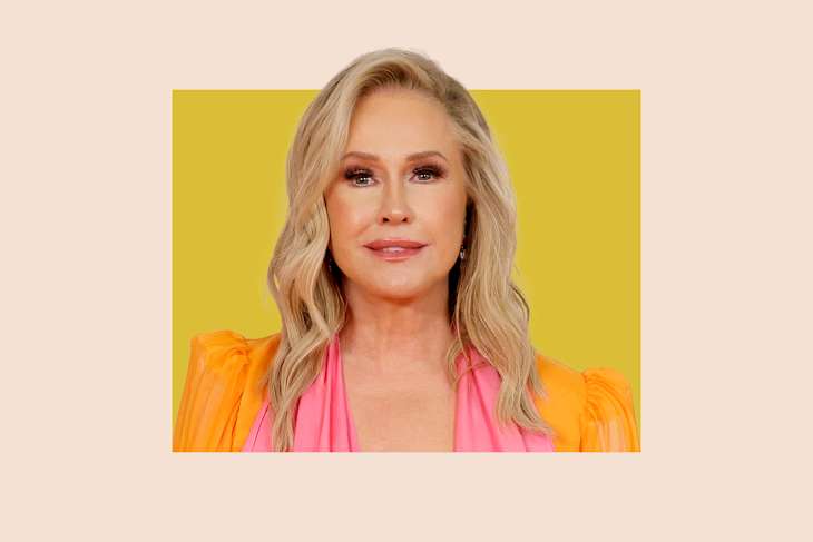 Headshot of Kathy Hilton on graphic background