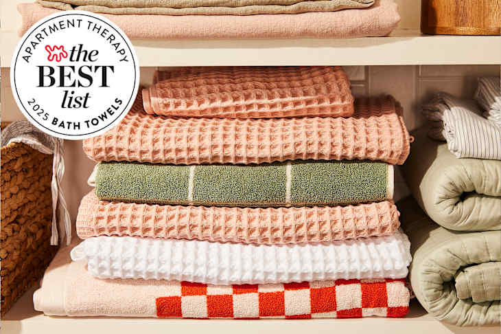 Towels in closet with best list seal to the left.