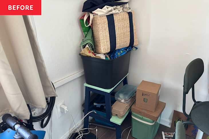 Office before being organized using IKEA EKENABBEN shelving unit.